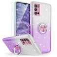 thumbnail image 1 of TJS for Samsung Galaxy A02S Phone Case, with Tempered Glass Screen Protector, Two Tone Shinny Glitter Metal Ring Magnetic Support Kickstand Cover (Purple), 1 of 8