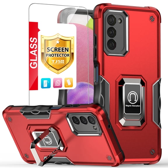 TJS for Samsung Galaxy A03s Phone Case, with Tempered Glass Screen Protector, [Military Grade] Heavy Duty Protective Cover, Magnetic Support Ring Kickstand Case for Samsung A03s (Red)