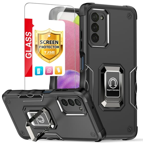 TJS for Samsung Galaxy A03s Phone Case, with Tempered Glass Screen Protector, [Military Grade] Heavy Duty Protective Cover, Magnetic Support Ring Kickstand Case for Samsung A03s (Black)