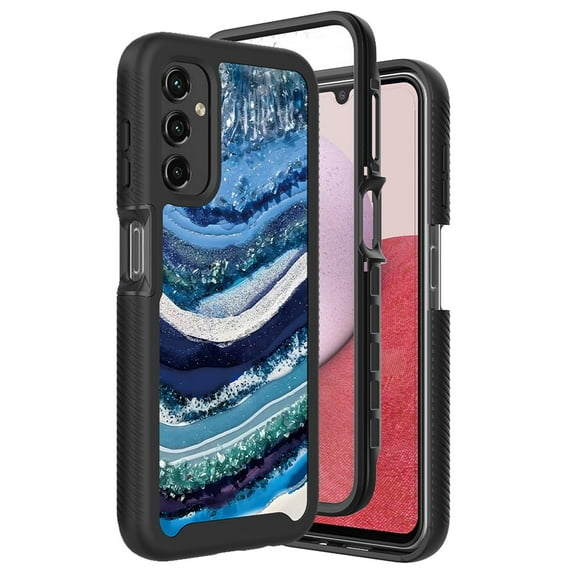 TJS for Samsung Galaxy A14 5G Phone Case, with Built-in Screen Protector, Full Body Protective Glitter Bling Design Heavy Duty Hybrid Cover for Galaxy A14 5G (Blue Marble)