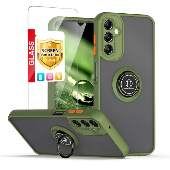 TJS for Samsung Galaxy A14 5G Phone Case, with Tempered Glass Screen Protector, 360 Degrees Rotating Metal Ring Magnetic Support Kickstand Cover for Galaxy A14 5G (Green)