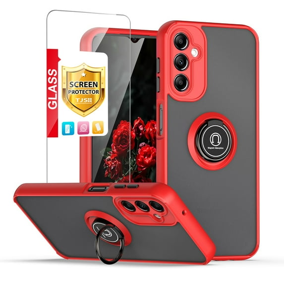 TJS for Samsung Galaxy A14 5G Phone Case, with Tempered Glass Screen Protector, 360 Degrees Rotating Metal Ring Magnetic Support Kickstand Cover for Galaxy A14 5G (Red)