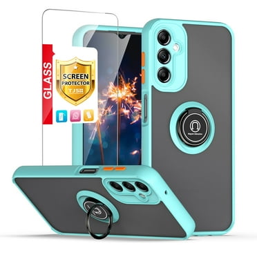 TJS for Samsung Galaxy A14 5G Phone Case, with Tempered Glass Screen Protector, 360 Degrees Rotating Metal Ring Magnetic Support Kickstand Cover for Galaxy A14 5G (Light Blue)