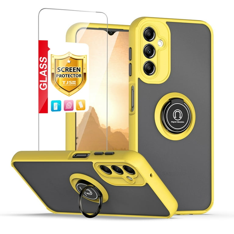 TJS for Samsung Galaxy A14 5G Phone Case, with Tempered Glass Screen  Protector, 360 Degrees Rotating Metal Ring Magnetic Support Kickstand Cover  for Galaxy A14 5G (Yellow) 