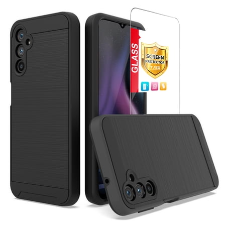 TJS for Samsung Galaxy A14 5G Phone Case, with Tempered Glass Screen Protector, Dual Layer Brushed Finish Hard Inner Layer Armor Cover for Galaxy A14 5G (Black)