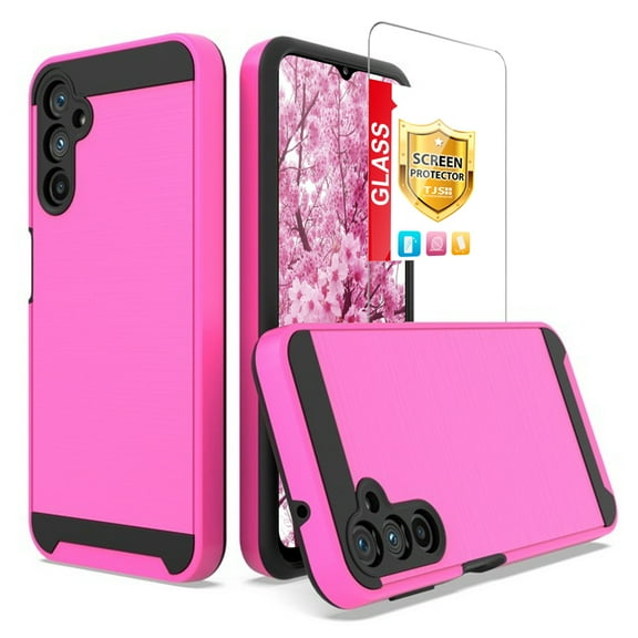 TJS for Samsung Galaxy A14 5G Phone Case, with Tempered Glass Screen Protector, Dual Layer Brushed Finish Hard Inner Layer Armor Cover for Galaxy A14 5G (Pink)
