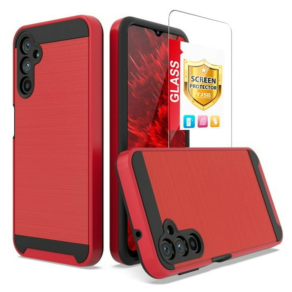 TJS for Samsung Galaxy A14 5G Phone Case, with Tempered Glass Screen Protector, Dual Layer Brushed Finish Hard Inner Layer Armor Cover for Galaxy A14 5G (Red)
