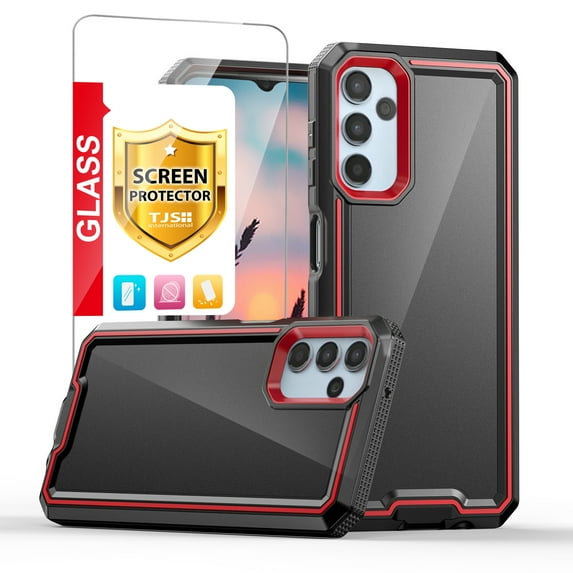 TJS for Samsung Galaxy A14 5G Phone Case, with Tempered Glass Screen Protector, Dual Layer Shockproof Rugged Hybrid Drop Protector Cover for Galaxy A14 5G (Black)
