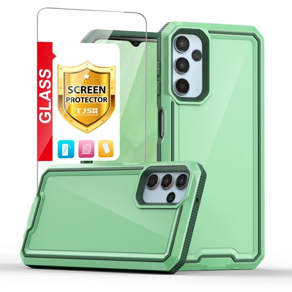 TJS for Samsung Galaxy A14 5G Phone Case, with Tempered Glass Screen Protector, Dual Layer Shockproof Rugged Hybrid Drop Protector Cover for Galaxy A14 5G (Green)