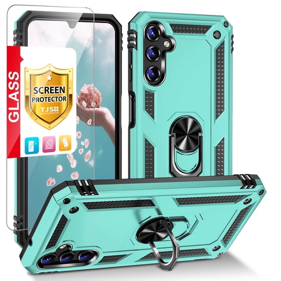 TJS for Samsung Galaxy A14 5G Phone Case, with Tempered Glass Screen Protector, Impact Resistant Metal Ring Magnetic Support Kickstand Drop Protector Cover for Galaxy A14 5G (Teal)
