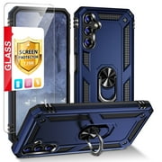 TJS for Samsung Galaxy A14 5G Phone Case, with Tempered Glass Screen Protector, Impact Resistant Metal Ring Magnetic Support Kickstand Drop Protector Cover for Galaxy A14 5G Blue
