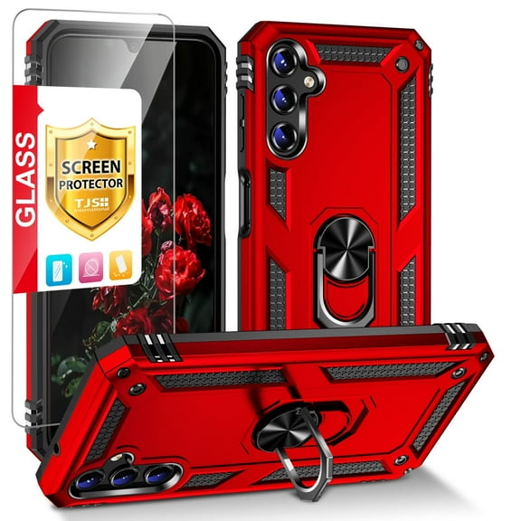 TJS for Samsung Galaxy A14 5G Phone Case, with Tempered Glass Screen Protector, Impact Resistant Metal Ring Magnetic Support Kickstand Drop Protector Cover for Galaxy A14 5G (Red)