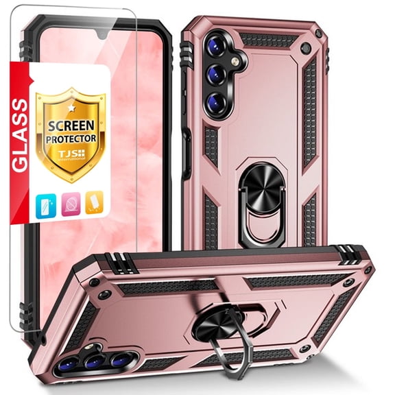 TJS for Samsung Galaxy A14 5G Phone Case, with Tempered Glass Screen Protector, Impact Resistant Metal Ring Magnetic Support Kickstand Drop Protector Cover for Galaxy A14 5G (Rose Gold)