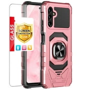 TJS for Samsung Galaxy A14 5G Phone Case, with Tempered Glass Screen Protector, [Military Grade] Robotic Magnetic Support Car Mount Metal Ring Holder Kickstand Cover for Galaxy A14 5G (Rose Gold)