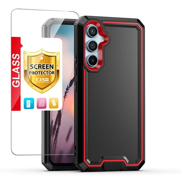 TJS for Samsung Galaxy A15 5G Phone Case, with Tempered Glass Screen Protector, Dual Layer Shockproof Rugged Hybrid Drop Protector Cover for Galaxy A15 5G (Black)