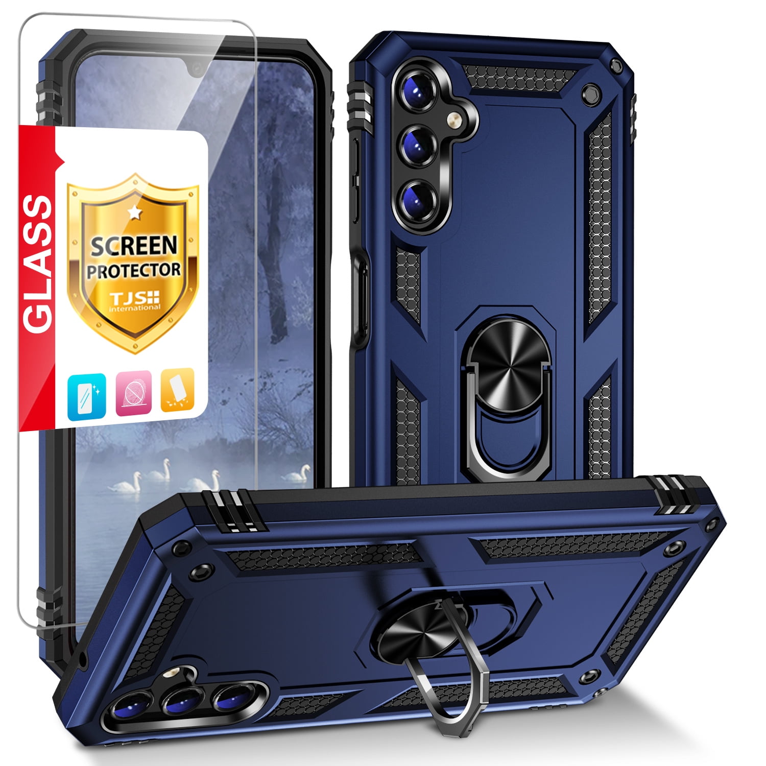 TJS for Samsung Galaxy A15 5G Phone Case, with Tempered Glass Screen Protector, Impact Resistant Metal Ring Magnetic Support Kickstand Drop Protector Cover for Galaxy A15 5G (Blue)