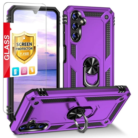 TJS for Samsung Galaxy A15 5G Phone Case, with Tempered Glass Screen Protector, Impact Resistant Metal Ring Magnetic Support Kickstand Drop Protector Cover for Galaxy A15 5G (Purple)