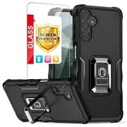 TJS for Samsung Galaxy A15 5G Phone Case, with Tempered Glass Screen Protector, [Military Grade] Heavy Duty Magnetic Support Ring Kickstand Cover for Galaxy A15 5G Black
