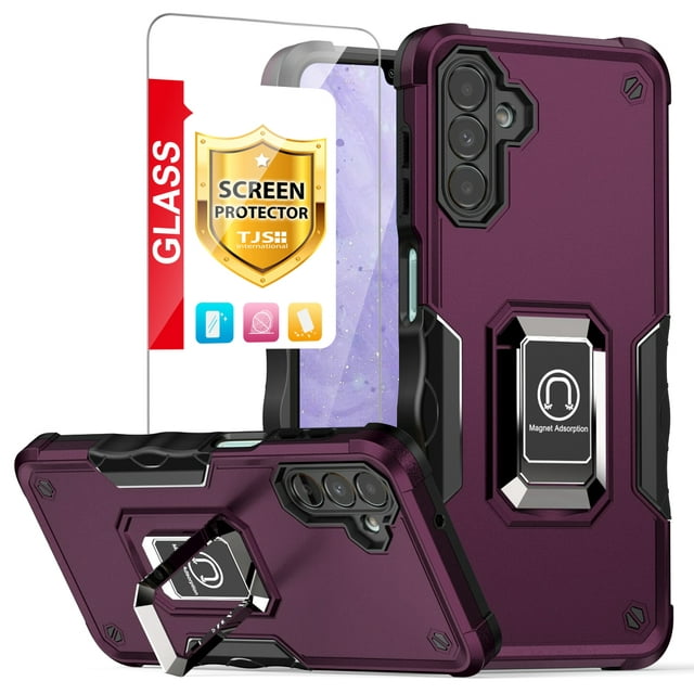 TJS for Samsung Galaxy A15 5G Phone Case, with Tempered Glass Screen Protector, [Military Grade] Heavy Duty Magnetic Support Ring Kickstand Cover for Galaxy A15 5G (Purple)