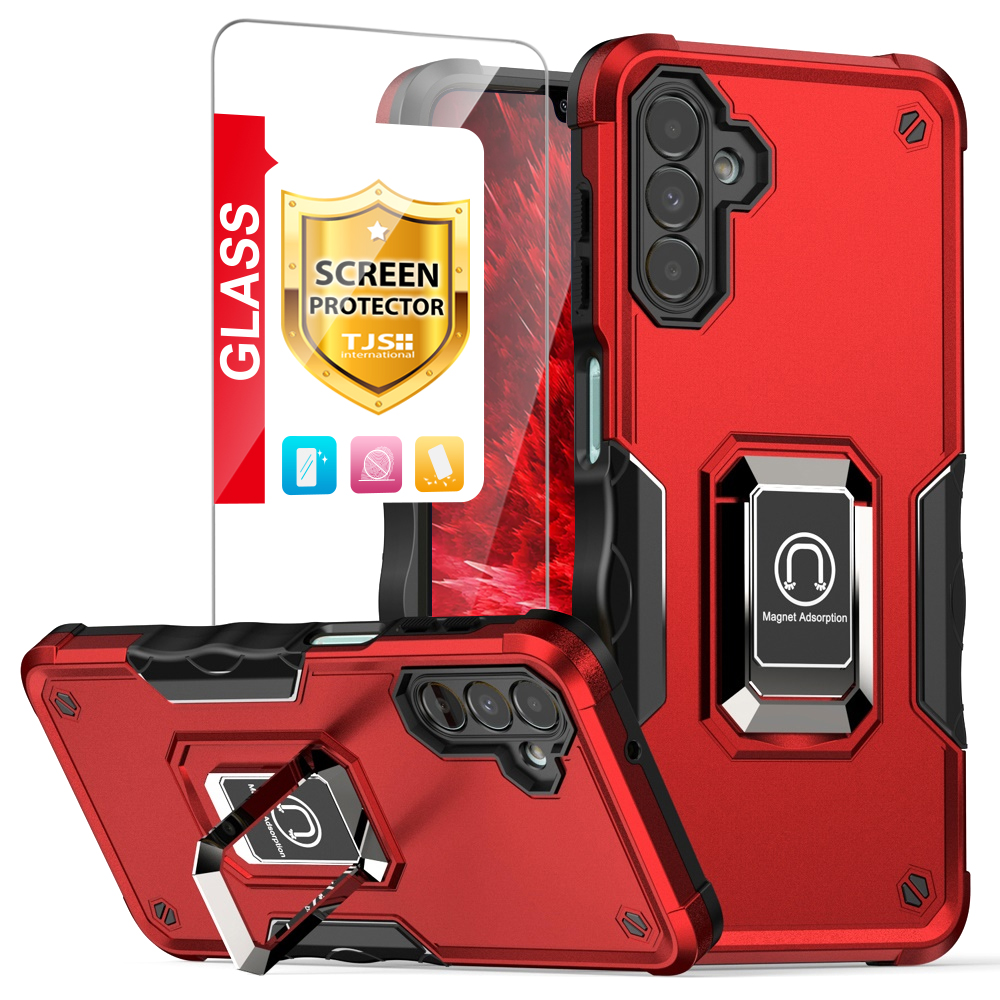 TJS for Samsung Galaxy A15 5G Phone Case, with Tempered Glass Screen Protector, [Military Grade] Heavy Duty Magnetic Support Ring Kickstand Cover for Galaxy A15 5G (Red) - image 1 of 8