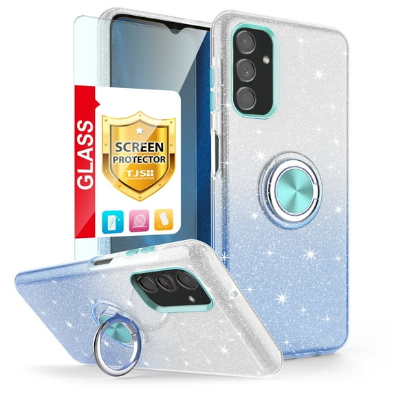 TJS for Samsung Galaxy A15 5G Phone Case, with Tempered Glass Screen Protector, Two Tone Shinny Glitter Metal Ring Magnetic Support Kickstand Cover for Galaxy A15 5G (Blue)
