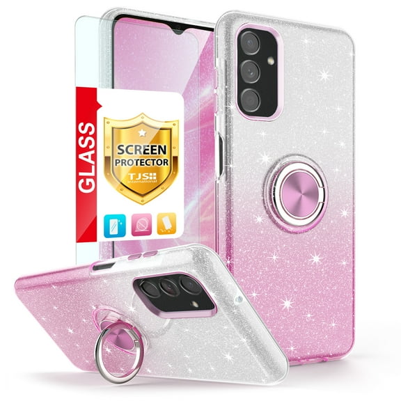 TJS for Samsung Galaxy A15 5G Phone Case, with Tempered Glass Screen Protector, Two Tone Shinny Glitter Metal Ring Magnetic Support Kickstand Cover for Galaxy A15 5G (Pink)
