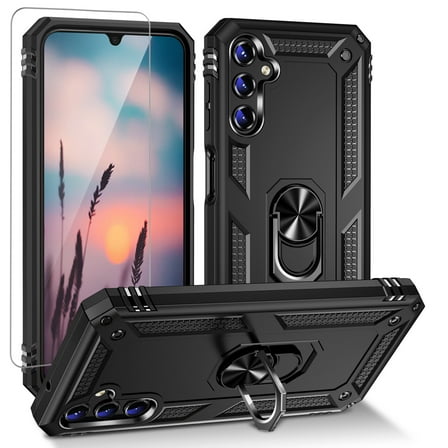 TJS for Samsung Galaxy A16 5G Phone Case, with Tempered Glass Screen Protector, Impact Resistant Metal Ring Magnetic Support Kickstand Drop Protector Cover for Galaxy A16 5G (Black)