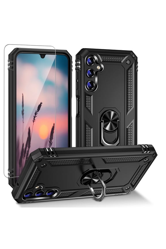 for Samsung Galaxy A16 5G Phone Case, with Tempered Glass Screen Protector, Impact Resistant Metal Ring Magnetic Support Kickstand Drop Protector Cover for Galaxy A16 5G (Black)