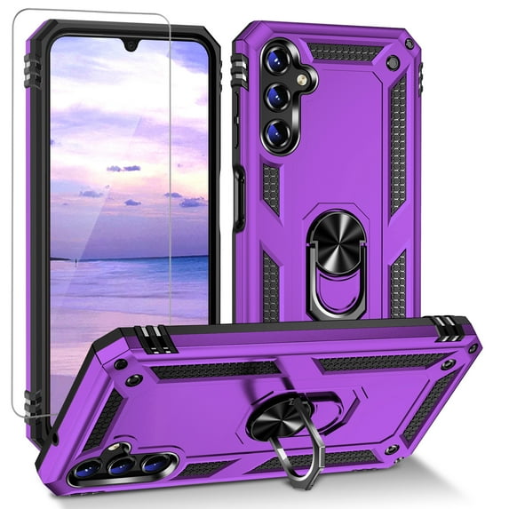 TJS for Samsung Galaxy A16 5G Phone Case, with Tempered Glass Screen Protector, Impact Resistant Metal Ring Magnetic Support Kickstand Drop Protector Cover for Galaxy A16 5G (Purple)