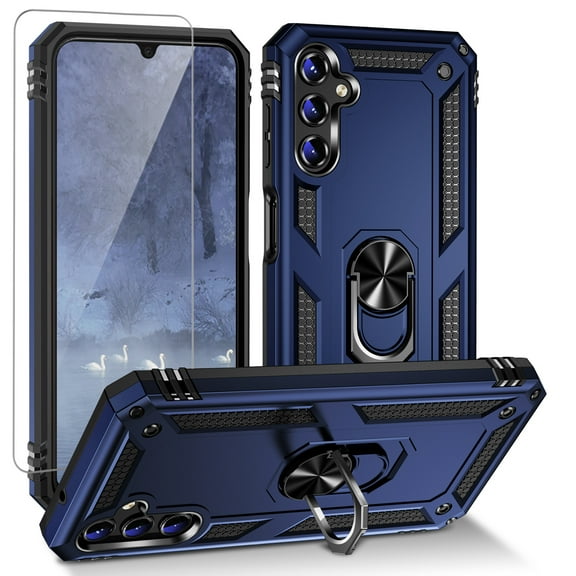 TJS for Samsung Galaxy A16 5G Phone Case, with Tempered Glass Screen Protector, Impact Resistant Metal Ring Magnetic Support Kickstand Drop Protector Cover for Galaxy A16 5G (Blue)