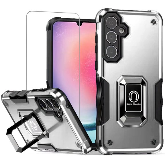 TJS for Samsung Galaxy A16 5G Phone Case, with Tempered Glass Screen Protector, [Military Grade] Heavy Duty Magnetic Support Ring Kickstand Cover for Galaxy A16 5G (Silver)