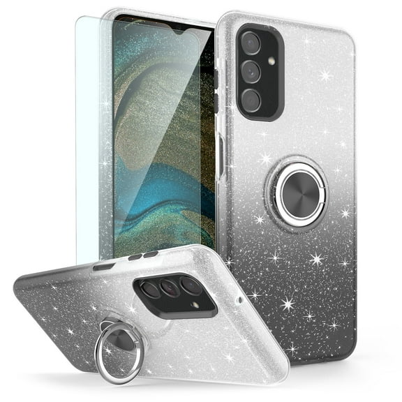 TJS for Samsung Galaxy A16 5G Phone Case, with Tempered Glass Screen Protector, Two Tone Shinny Glitter Metal Ring Magnetic Support Kickstand Cover for Galaxy A16 5G (Black)