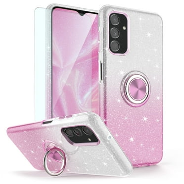 TJS for Samsung Galaxy A16 5G Phone Case, with Tempered Glass Screen Protector, Two Tone Shinny Glitter Metal Ring Magnetic Support Kickstand Cover for Galaxy A16 5G (Pink)