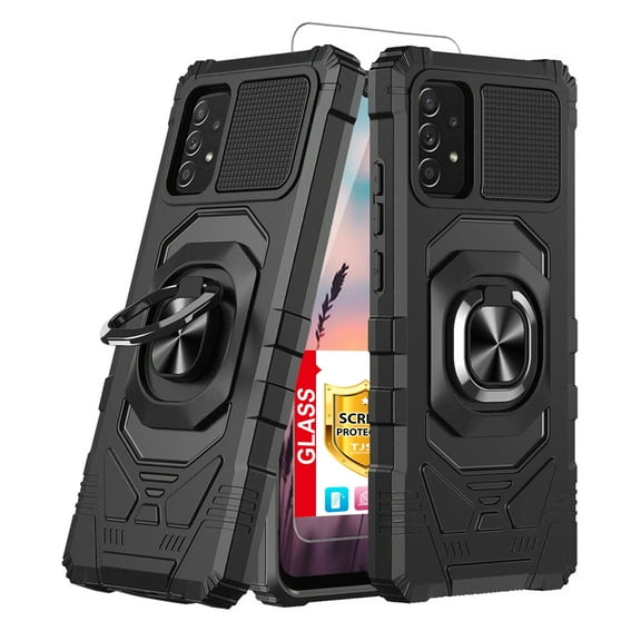 TJS for Samsung Galaxy A23 5G 4G Phone Case, with Tempered Glass Screen Protector, [Military Grade] Robotic Magnetic Support Car Mount Metal Ring Holder Kickstand Cover for Galaxy A23 5G (Black)