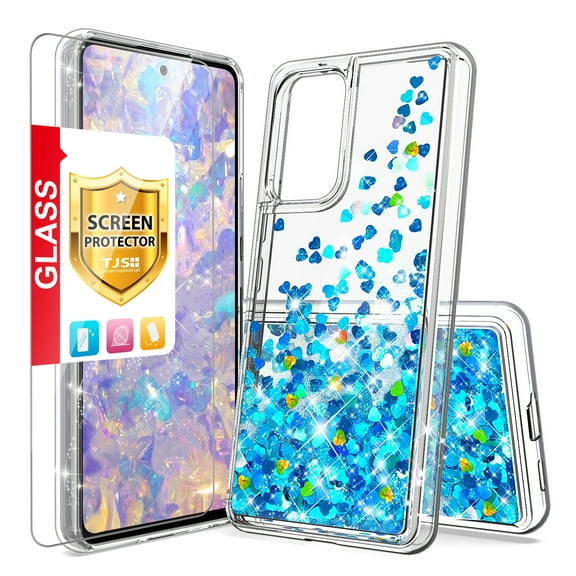 TJS for Samsung Galaxy A23 5G Phone Case, with Tempered Glass Screen Protector, Bling Glitter Sparkle Liquid Infused Moving Quicksand Floating Waterfall Cover (Blue)