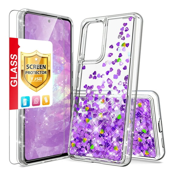 TJS for Samsung Galaxy A23 5G Phone Case, with Tempered Glass Screen Protector, Bling Glitter Sparkle Liquid Infused Moving Quicksand Floating Waterfall Cover (Purple)
