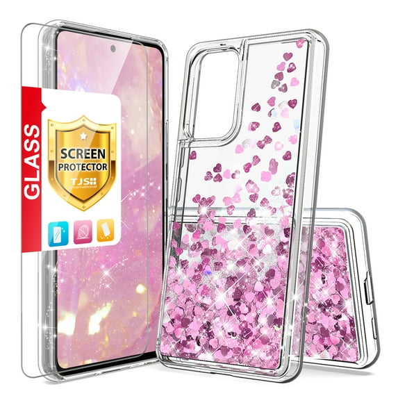 TJS for Samsung Galaxy A23 5G Phone Case, with Tempered Glass Screen Protector, Bling Glitter Sparkle Liquid Infused Moving Quicksand Floating Waterfall Cover (Pink)