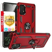 TJS for Samsung Galaxy A23 5G Phone Case, with Tempered Glass Screen Protector, Impact Resistant Metal Ring Magnetic Support Kickstand Drop Protector Cover for Galaxy A23 5G (Red)