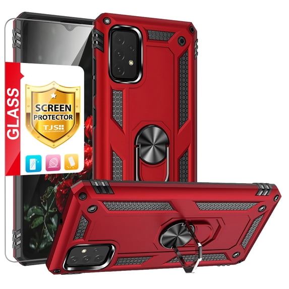 TJS for Samsung Galaxy A23 5G Phone Case, with Tempered Glass Screen Protector, Impact Resistant Metal Ring Magnetic Support Kickstand Drop Protector Cover for Galaxy A23 5G (Red)
