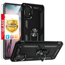 TJS for Samsung Galaxy A23 5G Phone Case, with Tempered Glass Screen Protector, Impact Resistant Metal Ring Magnetic Support Kickstand Drop Protector Cover for Galaxy A23 5G (Black)