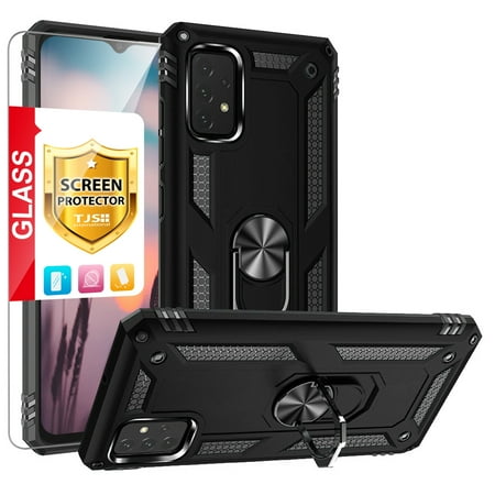 TJS for Samsung Galaxy A23 5G Phone Case, with Tempered Glass Screen Protector, Impact Resistant Metal Ring Magnetic Support Kickstand Drop Protector Cover for Galaxy A23 5G (Black)