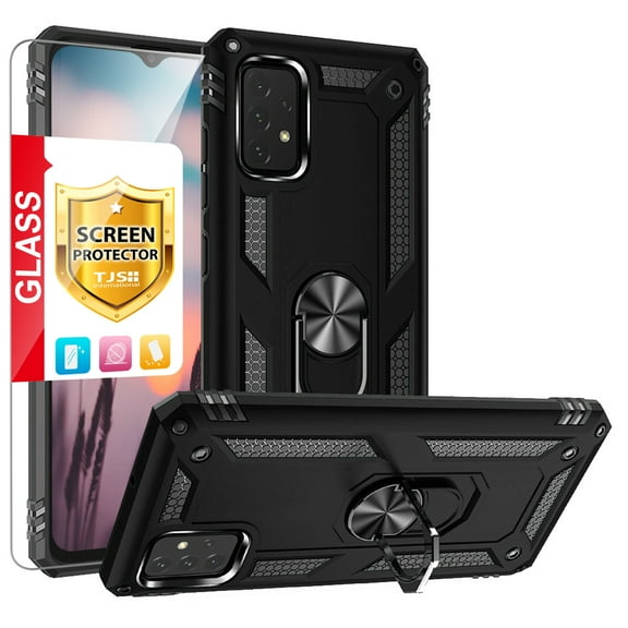 TJS for Samsung Galaxy A23 5G Phone Case, with Tempered Glass Screen Protector, Impact Resistant Metal Ring Magnetic Support Kickstand Drop Protector Cover for Galaxy A23 5G (Black)