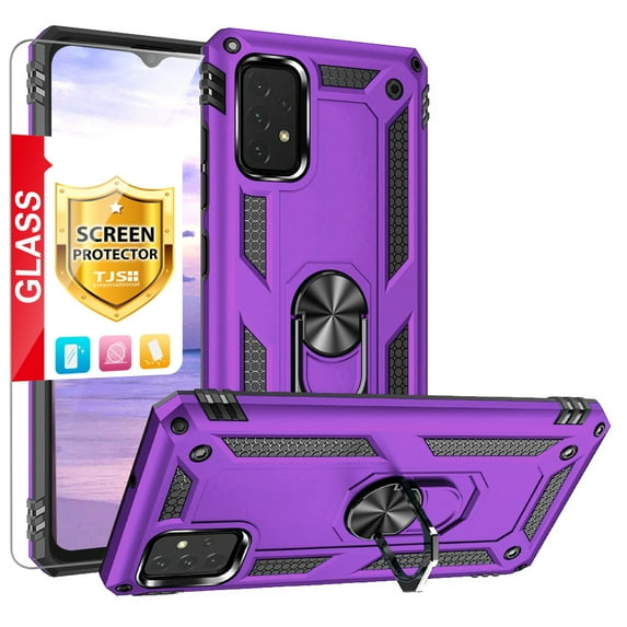 TJS for Samsung Galaxy A23 5G Phone Case, with Tempered Glass Screen Protector, Impact Resistant Metal Ring Magnetic Support Kickstand Drop Protector Cover for Galaxy A23 5G (Purple)