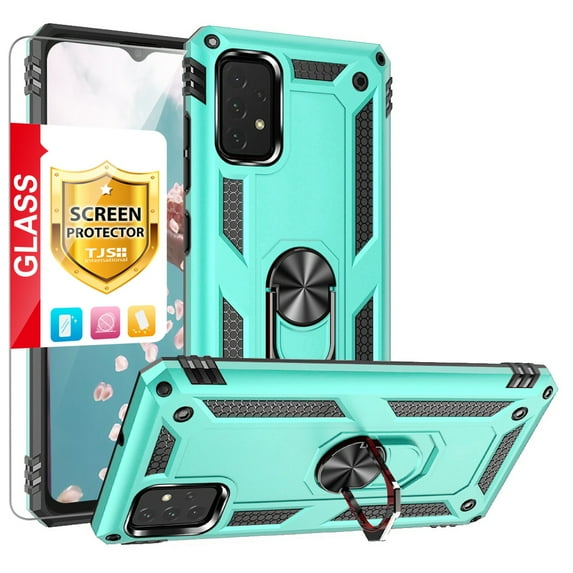 TJS for Samsung Galaxy A23 5G Phone Case, with Tempered Glass Screen Protector, Impact Resistant Metal Ring Magnetic Support Kickstand Drop Protector Cover for Galaxy A23 5G (Teal)