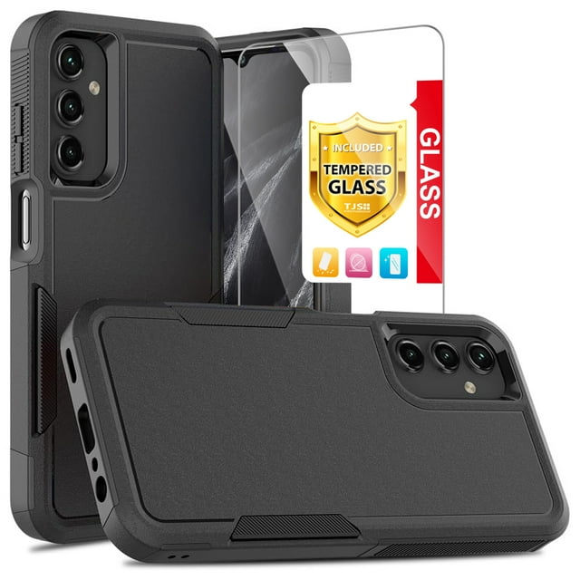TJS for Samsung Galaxy A25 5G Phone Case, with Tempered Glass Screen Protector, Heavy Duty Rugged Shockproof Full Body Protection Cover for Galaxy A25 5G (Black)