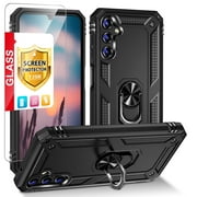 TJS for Samsung Galaxy A25 5G Phone Case, with Tempered Glass Screen Protector, Impact Resistant Metal Ring Magnetic Support Kickstand Drop Protector Cover for Galaxy A25 5G (Black)