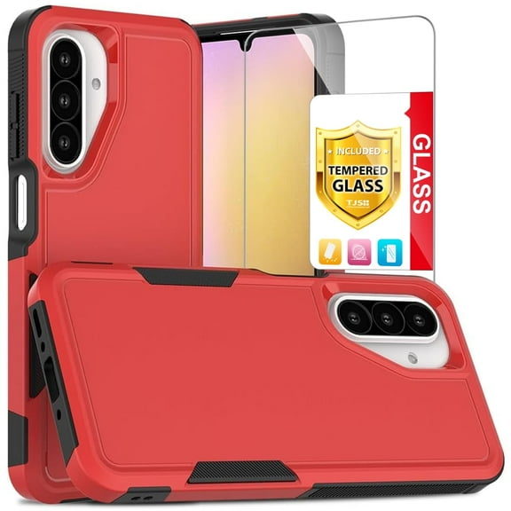 TJS for Samsung Galaxy A26 5G / A17 5G Phone Case, with Tempered Glass Screen Protector, Heavy Duty Rugged Shockproof Full Body Protection Cover for Galaxy A26 5G (Red)