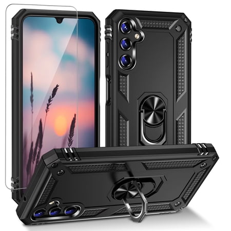 TJS for Samsung Galaxy A26 5G / A17 5G Phone Case, with Tempered Glass Screen Protector, Impact Resistant Metal Ring Magnetic Support Kickstand Drop Protector Cover for Galaxy A26 5G (Black)