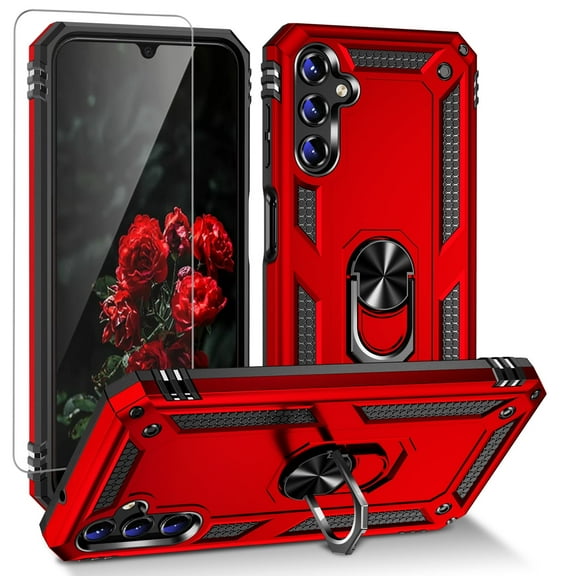 TJS for Samsung Galaxy A26 5G / A17 5G Phone Case, with Tempered Glass Screen Protector, Impact Resistant Metal Ring Magnetic Support Kickstand Drop Protector Cover for Galaxy A26 5G (Red)