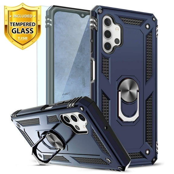 TJS for Samsung Galaxy A32 5G Phone Case, with Tempered Glass Screen Protector Impact Resistant Metal Ring Magnetic Support Armor Heavy Duty Protector Cover (Blue)